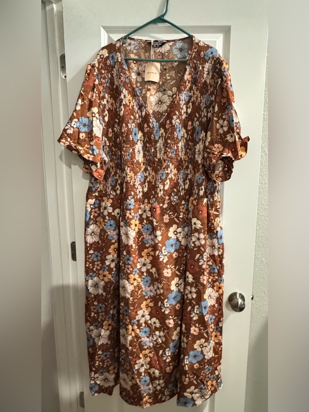 BloomChic Brown Floral Smocked Midi Dress